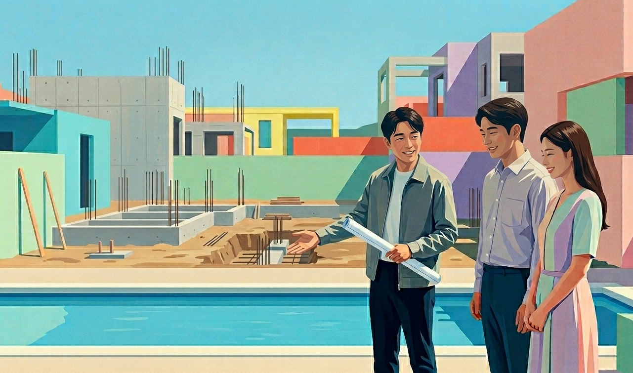 건축가가 의뢰자와 함께 자산을 검토하는 모습
