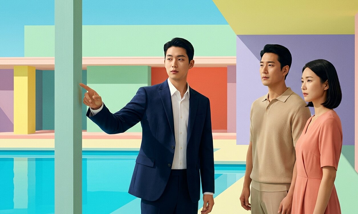 건축가가 현장에서 의뢰자와 함께 검토하는 모습
