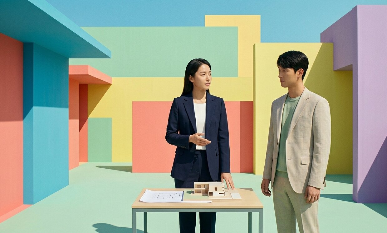 건축가가 의뢰자와 함께 검토하는 모습